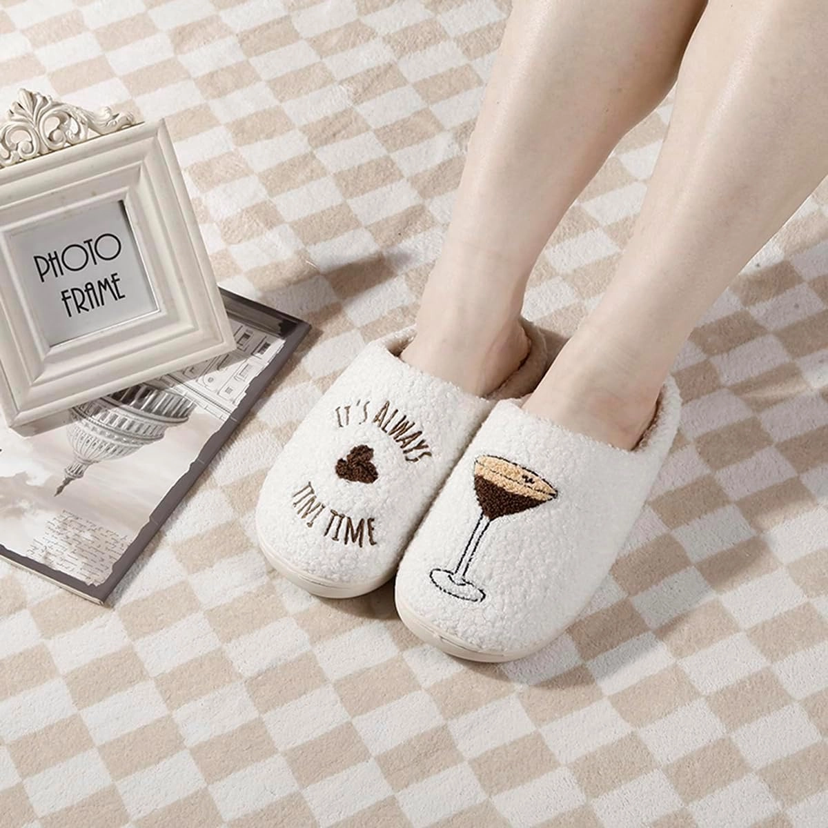 Espresso Martini Slippers for Women Men，Fuzzy Warm Martini Glasses Slippers，Funny Soft Creative Design House Shoes