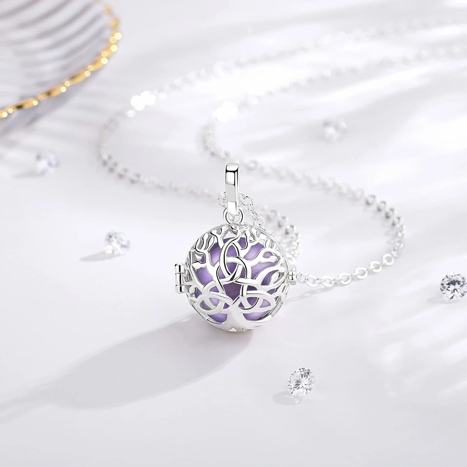 EUDORA Harmony Bola Celtic Knot Tree of Life Angel Caller Pregnancy Women Necklace Guardian Angel Wishing Chime Mexico Ball Bola Pendant for Future Mama Jewelry Gift for Mom Women, 45inch   30inch