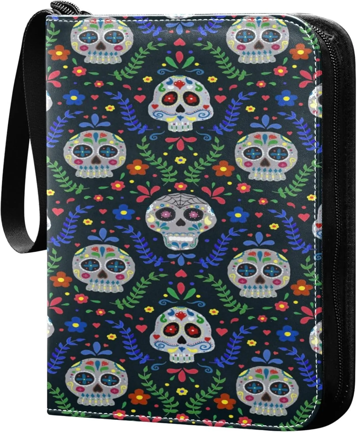Exnundod Colorful Hand Painted Sugar Skulls Calaveras in A Scallop Repeat on Black Background with Floral Mot Trading Card Binder for Cards, Ethnic Card Album 4-Pockets for 400 Cards w