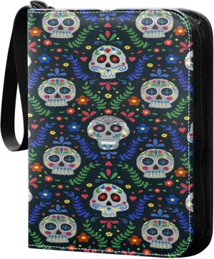 Exnundod Colorful Hand Painted Sugar Skulls Calaveras in A Scallop Repeat on Black Background with Floral Mot Trading Card Binder for Cards, Ethnic Card Album 4-Pockets for 400 Cards w