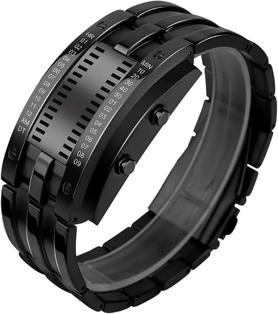 FANMIS Creative Mens Binary Matrix Blue LED Digital Watch Fashion Classic Black Plated Waterproof LED Backlight Bracelet Watches