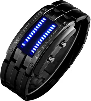 FANMIS Creative Mens Binary Matrix Blue LED Digital Watch Fashion Classic Black Plated Waterproof LED Backlight Bracelet Watches