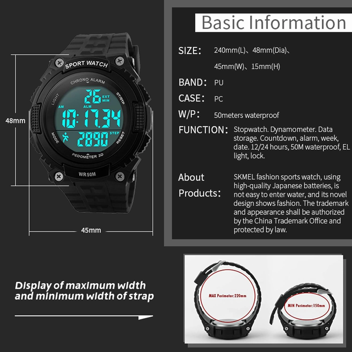 FANMIS Unisex Pedometer Watches Military Multifunctional 50M Waterproof Digital Outdoor Sports Watch