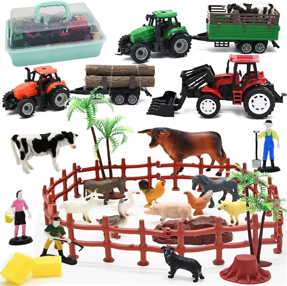 Farm Animals Figures Playset, 40 Pcs Farm Toy Tractor with Plastic Farm Animals Figurines, Farmer and Fence Farm Playset, Farm Figures Farmer Truck Toy with Trailer for Kids Boys Girls Toddlers 3 