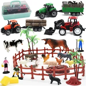 Farm Animals Figures Playset, 40 Pcs Farm Toy Tractor with Plastic Farm Animals Figurines, Farmer and Fence Farm Playset, Farm Figures Farmer Truck Toy with Trailer for Kids Boys Girls Toddlers 3 