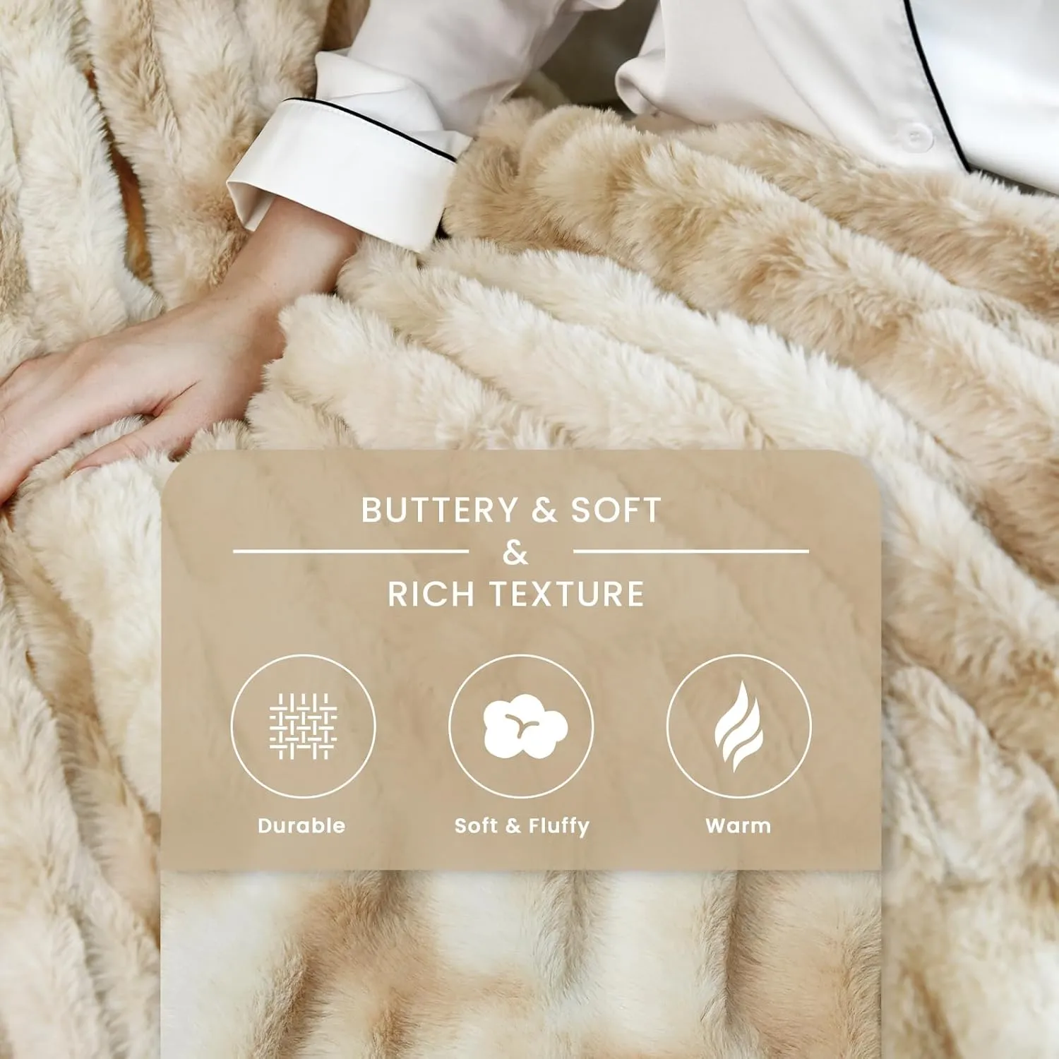 Faux Fur Blanket, Throw Blanket for Couch, Fluffy Blanket with Stretch Ruched Design, Ultra Soft Giftable Home Decor, 50x60 inches, Tie-Dyed in Khaki