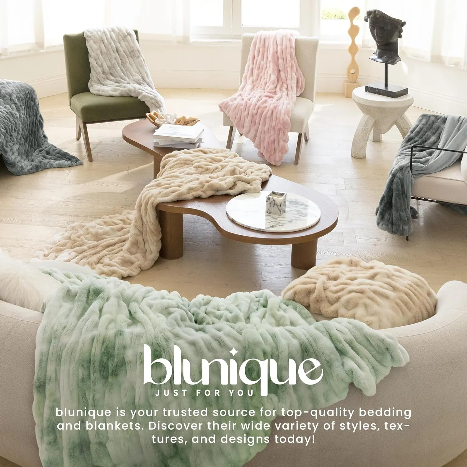 Faux Fur Blanket, Throw Blanket for Couch, Fluffy Blanket with Stretch Ruched Design, Ultra Soft Giftable Home Decor, 50x60 inches, Tie-Dyed in Khaki