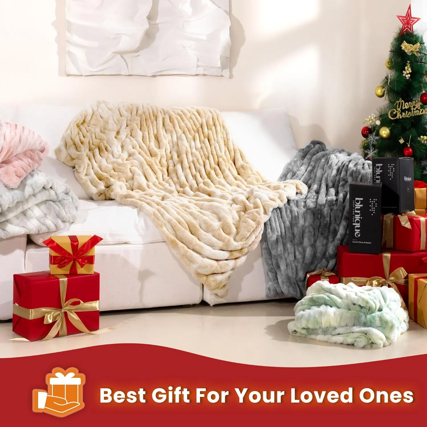 Faux Fur Blanket, Throw Blanket for Couch, Fluffy Blanket with Stretch Ruched Design, Ultra Soft Giftable Home Decor, 50x60 inches, Tie-Dyed in Khaki