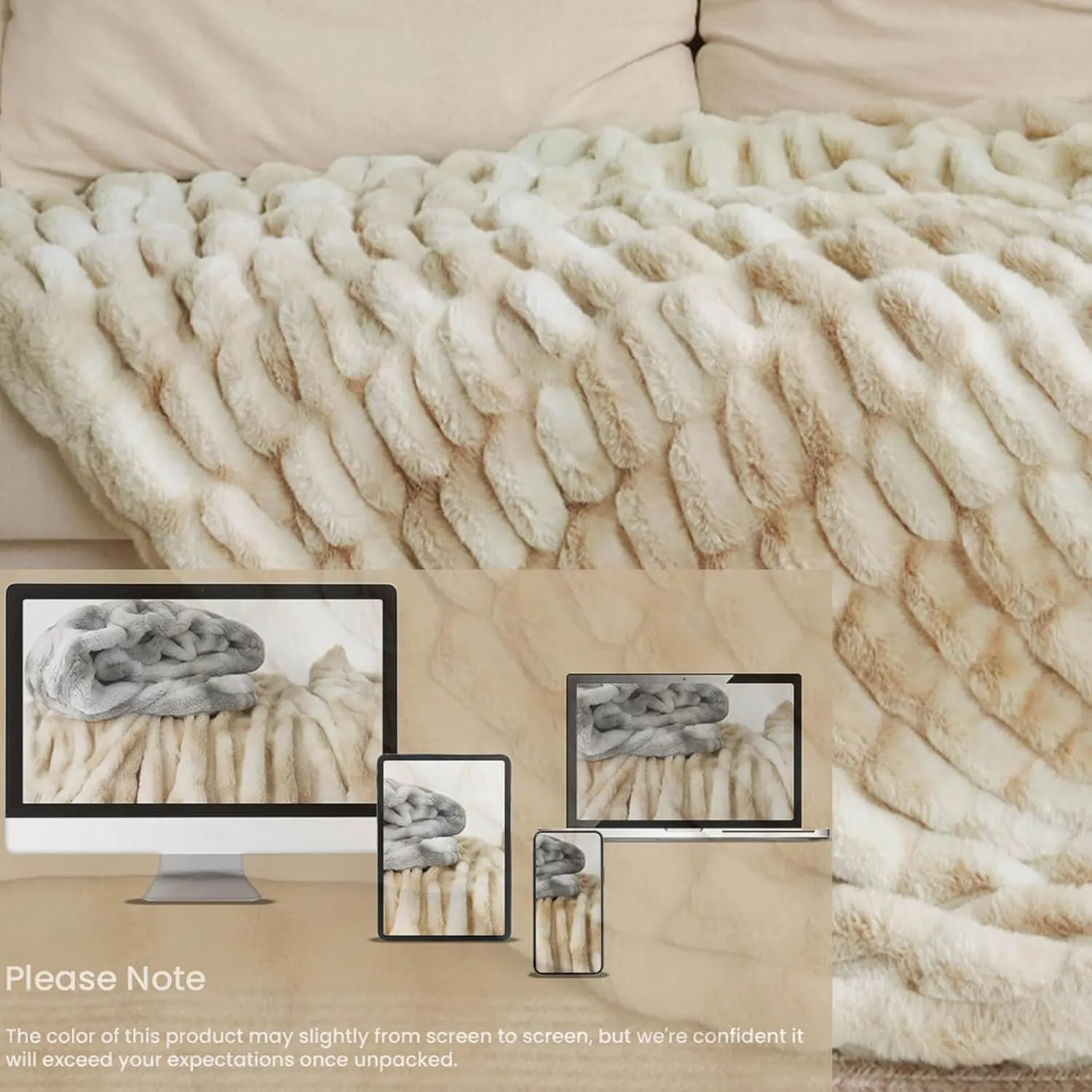 Faux Fur Blanket, Throw Blanket for Couch, Fluffy Blanket with Stretch Ruched Design, Ultra Soft Giftable Home Decor, 50x60 inches, Tie-Dyed in Khaki