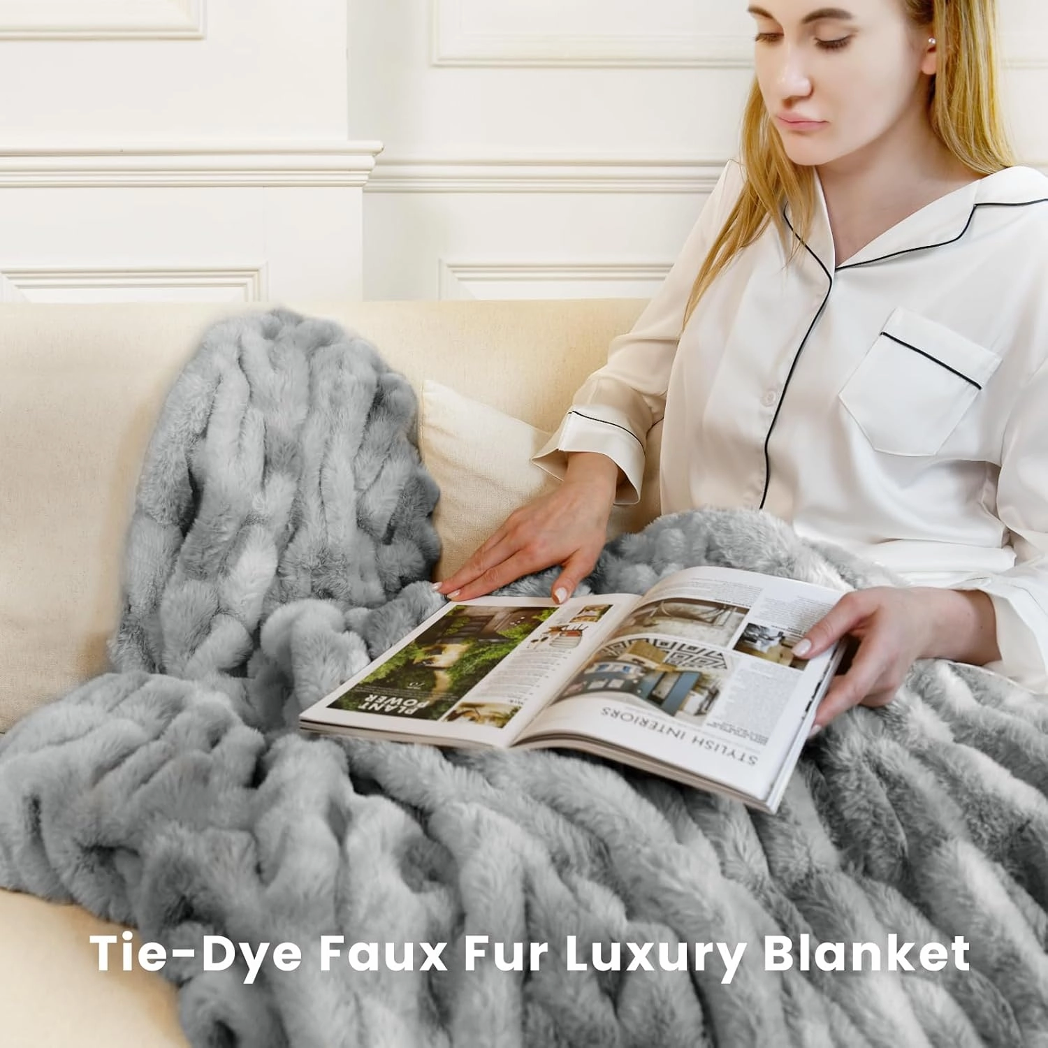 Faux Fur Blanket, Throw Blanket for Couch, Fluffy Blanket with Stretch Ruched Design, Ultra Soft Giftable Home Decor, 50x60 inches, Tie-Dyed in Gray