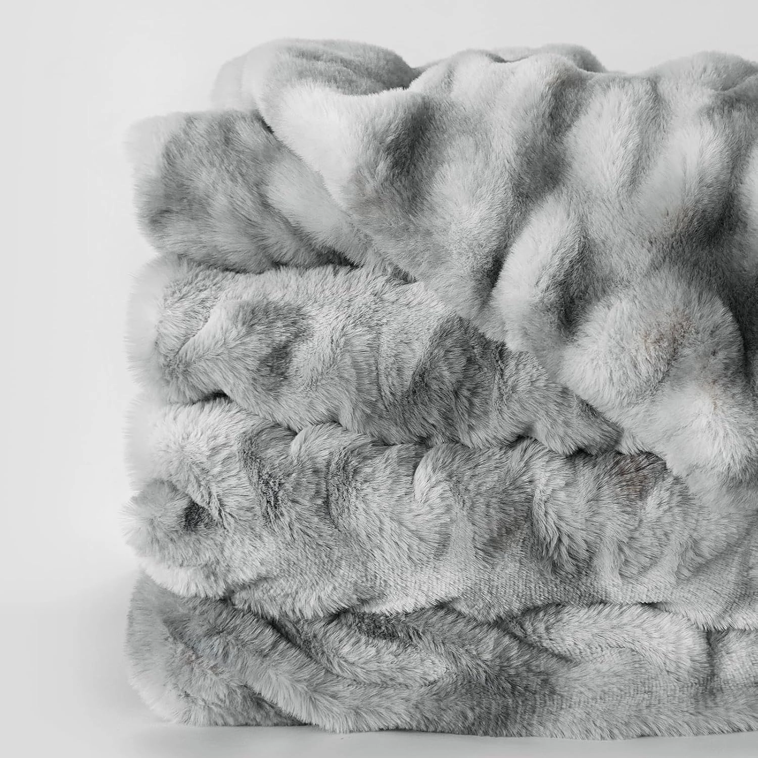 Faux Fur Blanket, Throw Blanket for Couch, Fluffy Blanket with Stretch Ruched Design, Ultra Soft Giftable Home Decor, 50x60 inches, Tie-Dyed in Gray