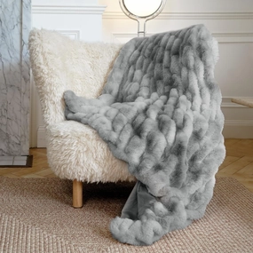 Faux Fur Blanket, Throw Blanket for Couch, Fluffy Blanket with Stretch Ruched Design, Ultra Soft Giftable Home Decor, 50x60 inches, Tie-Dyed in Gray