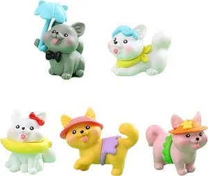 Figurines 5-Pack Cute Hawaiian Beach Party Puppy Dolls DIY Doll House Landscaping Decoration Ornaments