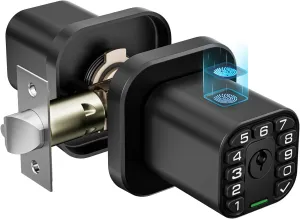 Fingerprint Door knob, Smart Biometric Door Lock with Keypad, Keyless Entry Code Door Knob, Waterproof & Weatherproof, Auto Lock,Voice Navigation, for Bedroom, Gate,Office -Matte Black