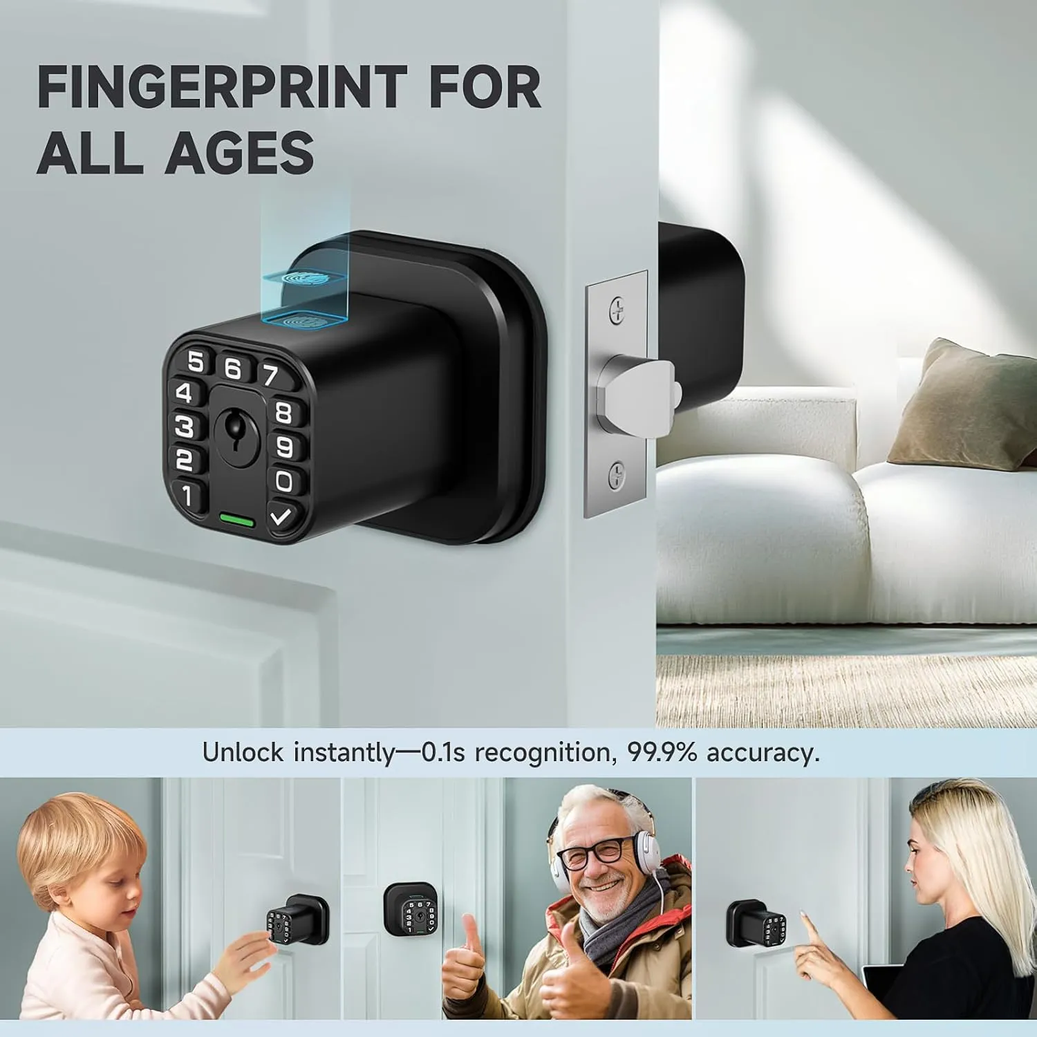 Fingerprint Door knob, Smart Biometric Door Lock with Keypad, Keyless Entry Code Door Knob, Waterproof & Weatherproof, Auto Lock,Voice Navigation, for Bedroom, Gate,Office -Matte Black