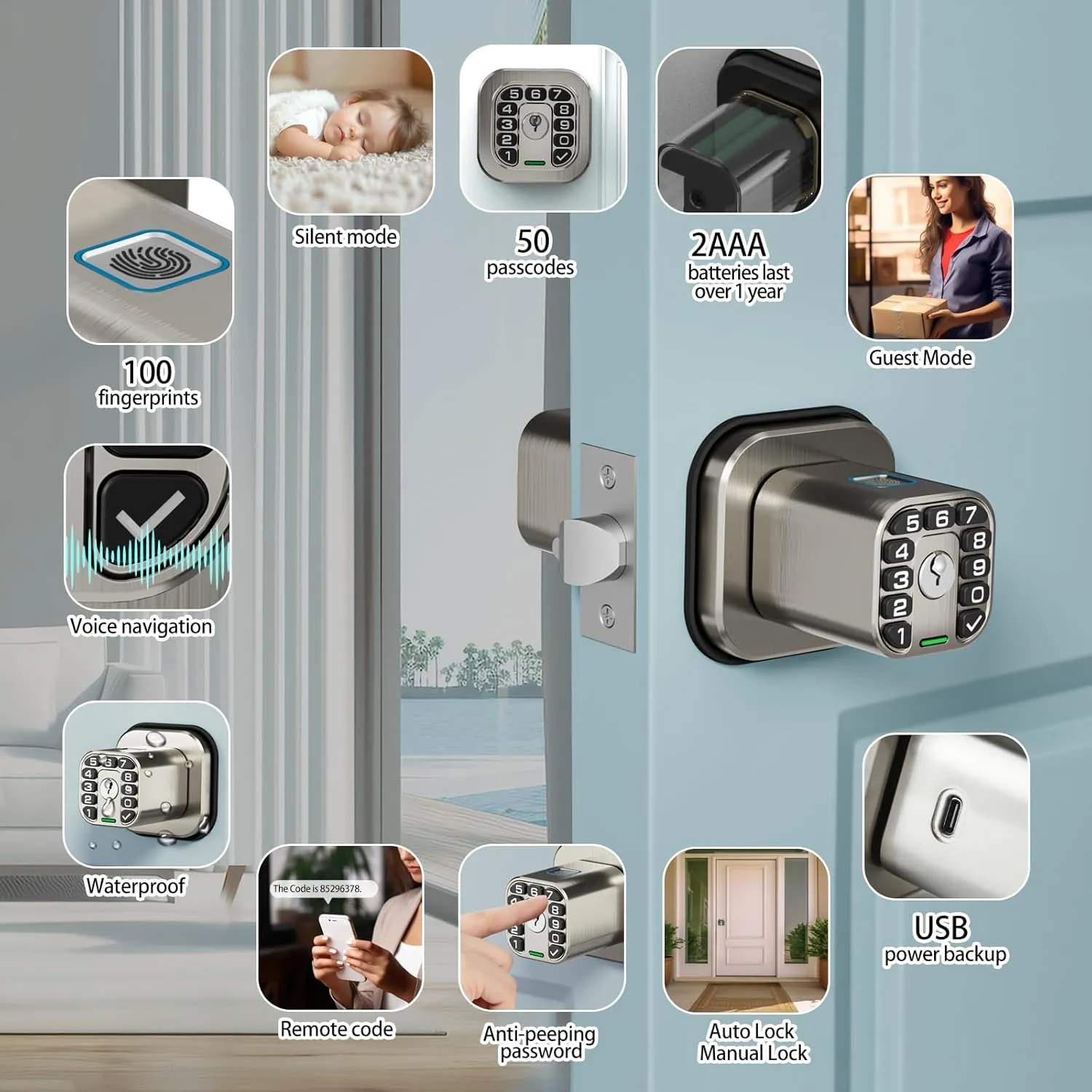 Fingerprint Door knob, Smart Biometric Door Lock with Keypad, Keyless Entry Code Door Knob, Waterproof & Weatherproof, Auto Lock,Voice Navigation, for Bedroom, Gate,Office -Matte Black