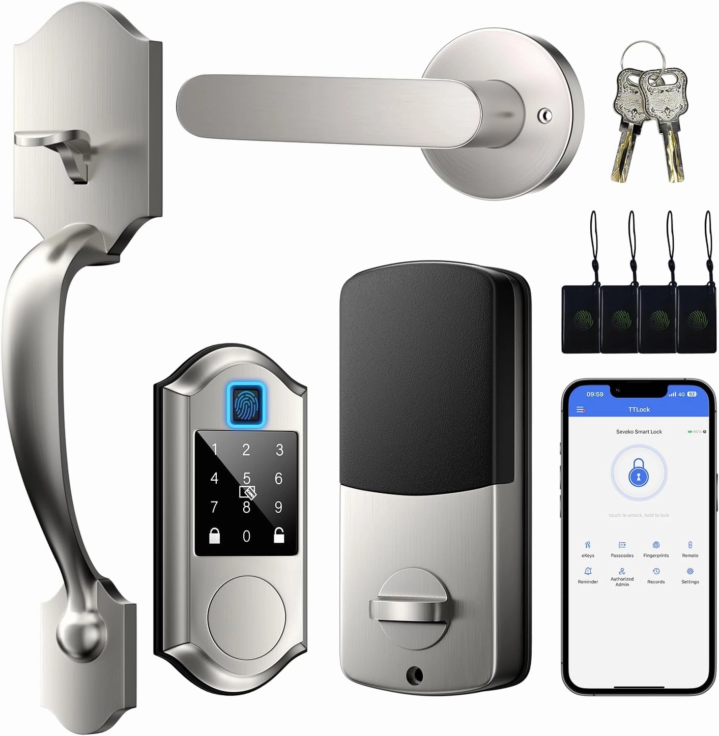Fingerprint Smart Front Door Lock Set, Keyless Entry Door Lock with Handle, Smart Locks for Front Door, Keypad Deadbolt with Handle, APP Control, Touchscreen Keypad, Auto Locking, Satin Nickel