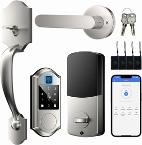 Fingerprint Smart Front Door Lock Set, Keyless Entry Door Lock with Handle, Smart Locks for Front Door, Keypad Deadbolt with Handle, APP Control, Touchscreen Keypad, Auto Locking, Satin Nickel