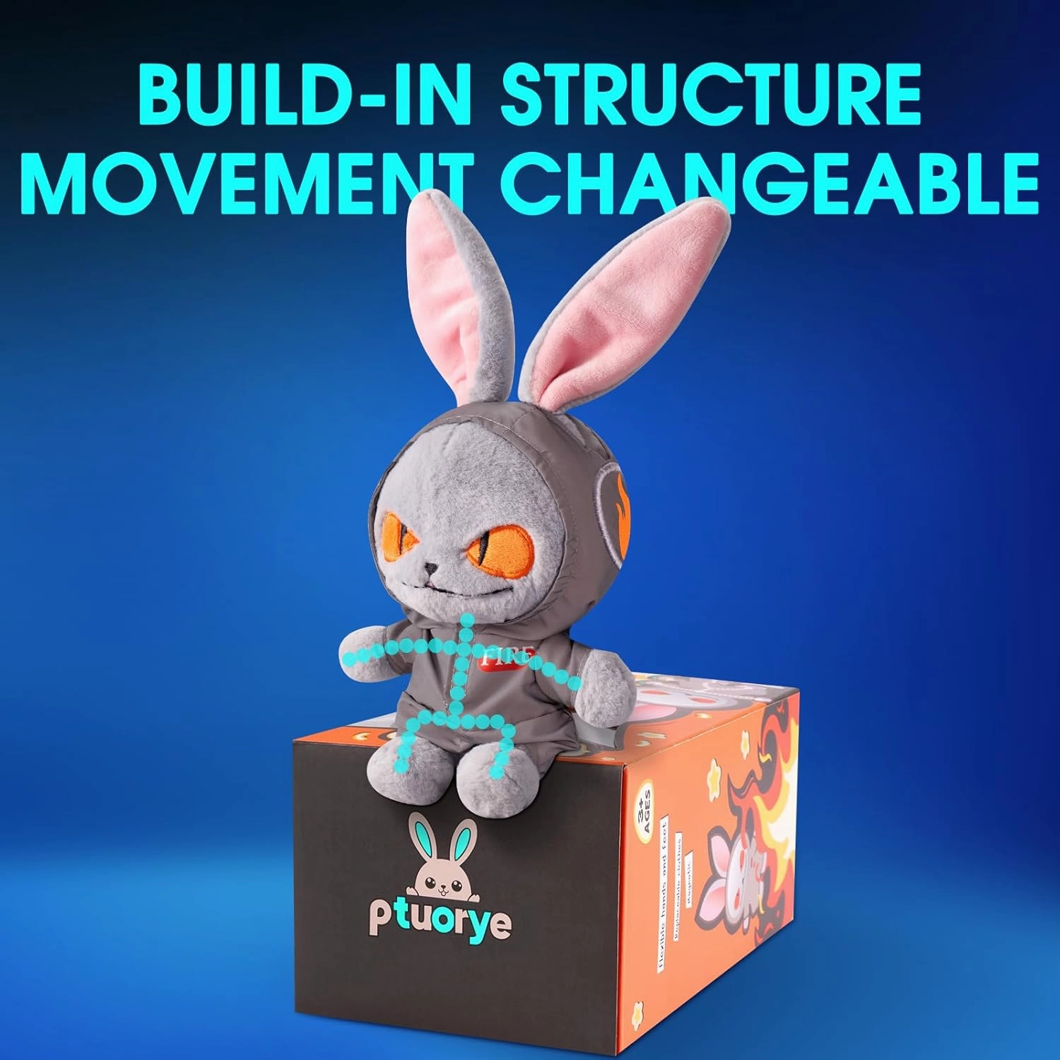 Fire Rabbit Bunny Plush Figure Toy, Stuffed Animal Creepy Doll for Boys and Girls, Animal Toy with Movable Limbs, 12’’, Halloween Decor, Grey