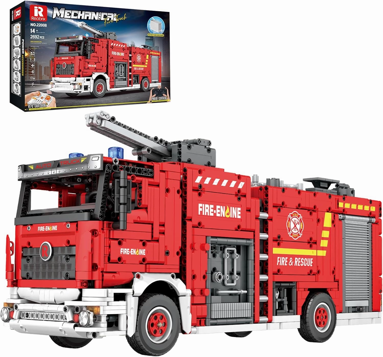 Fire Truck Building Set for Adults, Big Rescure Fire Vehicle with Water Spray Device, APP and Remote Control Firetruck Bricks 22008, Fire Engine Building Kit for Men, Ideal Gifts for Kids 14 