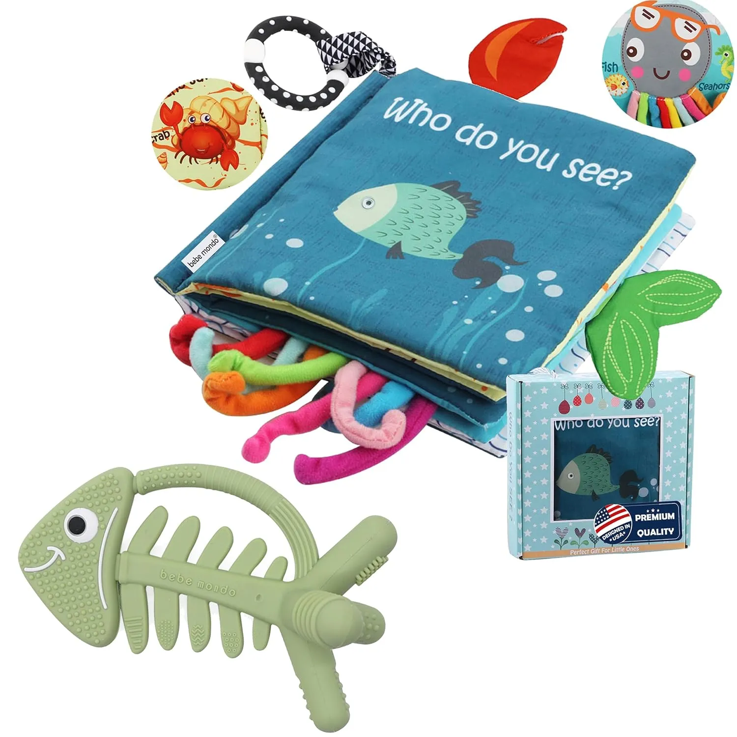 Fish Baby Crinkle Books & 3D Fish Teething Toy for Newborn Babies Infants 0-6-12-18 Month