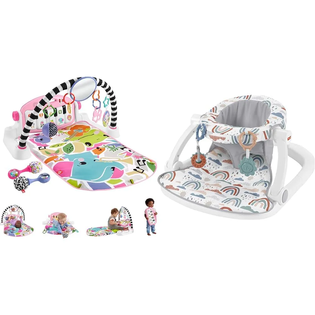 Fisher-Price Baby Gift Set Glow and Grow Kick & Play Piano Gym Baby Playmat & Musical Toy with Smart & Portable Baby Chair Sit-Me-Up Floor Seat with Developmental Toys & Machine Washable Sea