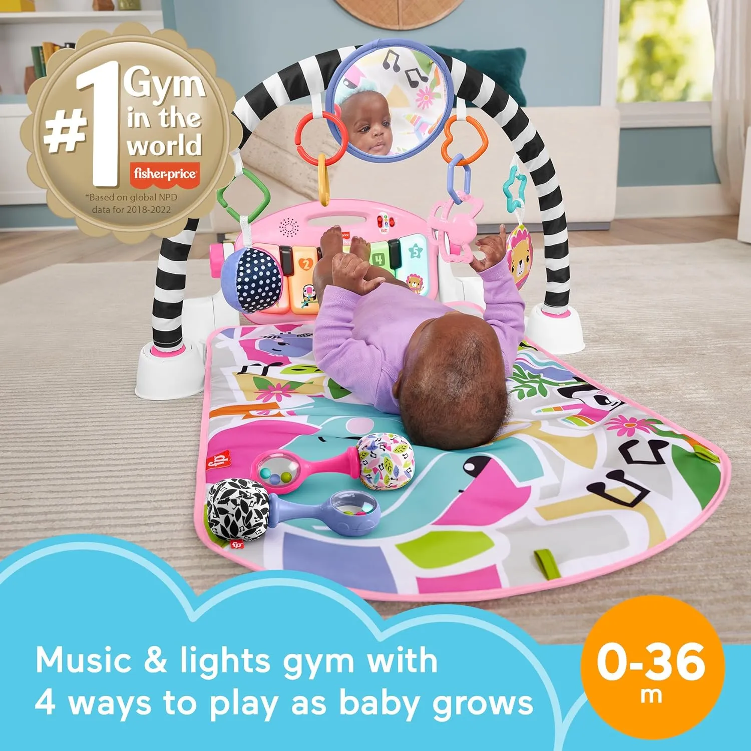 Fisher-Price Baby Gift Set Glow and Grow Kick & Play Piano Gym Pink Playmat & Musical Learning Toy with 2 Rattle Maracas for Newborns Ages 0  Months