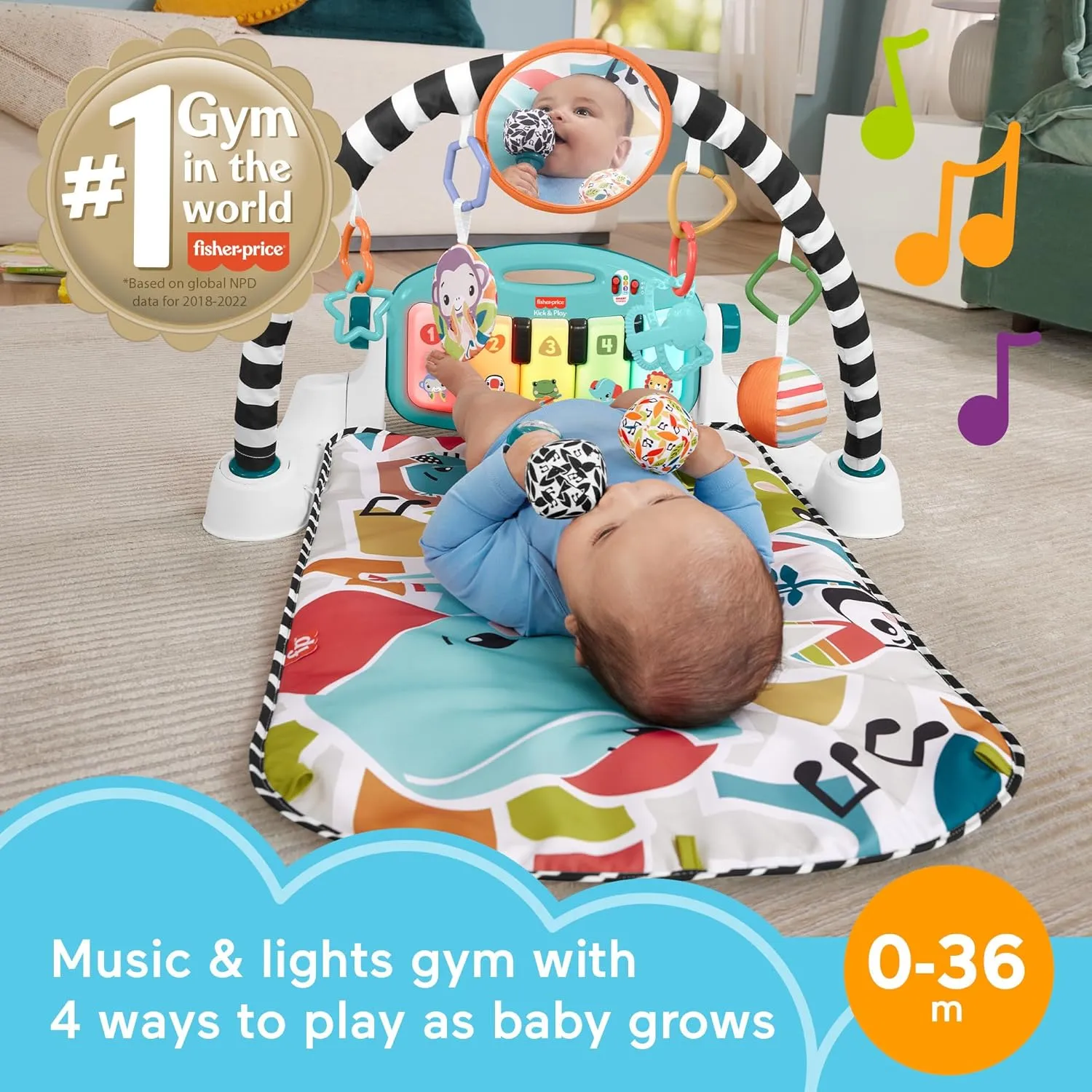 Fisher-Price Baby Musical Toy Set Glow and Grow Kick & Play Piano Gym Blue Playmat with 2 Rattle Maracas for Newborns Ages 0  Months