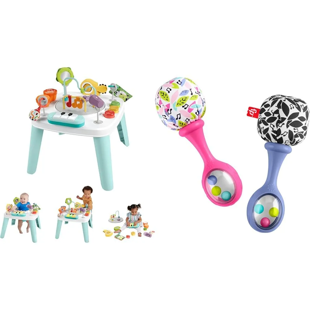 Fisher-Price Baby to Toddler 3-in-1 Activity Center & Play Table with Music Lights Toys Ages 6  Months and 2 Soft Musical Rattle Maracas for Babies 3  Months