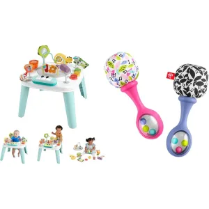 Fisher-Price Baby to Toddler 3-in-1 Activity Center & Play Table with Music Lights Toys Ages 6  Months and 2 Soft Musical Rattle Maracas for Babies 3  Months