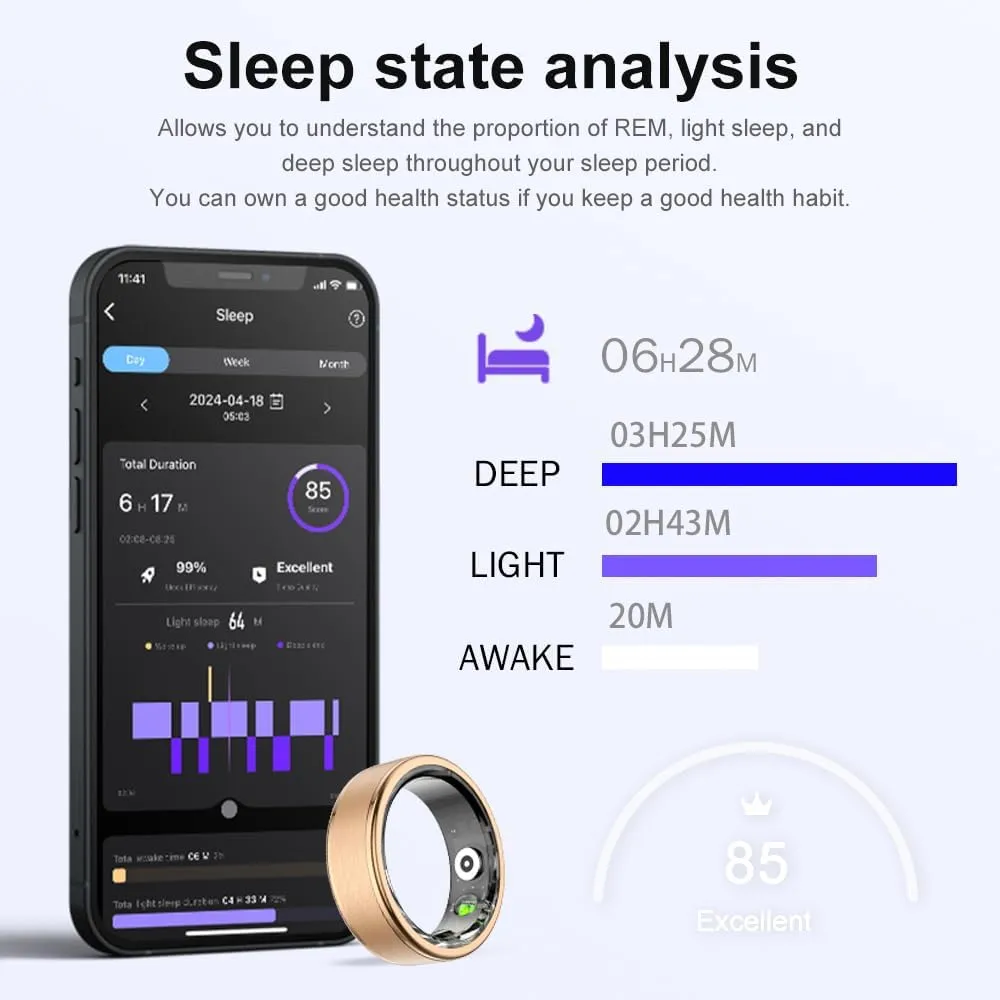 Fitness Smart Ring with 7/24 Heart Rate Monitor Pedometer Sleep Ring Waterproof Tracker Casual Sports Ring Gold Black Ring