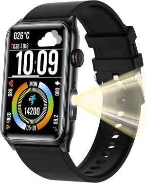 Fitness Tracker Smart Watch with LED Flashlight, 24/7 Stress/SpO2/Heart Rate Monitor, Sleep Tracker 100  Sport Modes Step Calorie Counter Pedometer IP68 Waterproof for Android iOS (Bluetooth, Black)