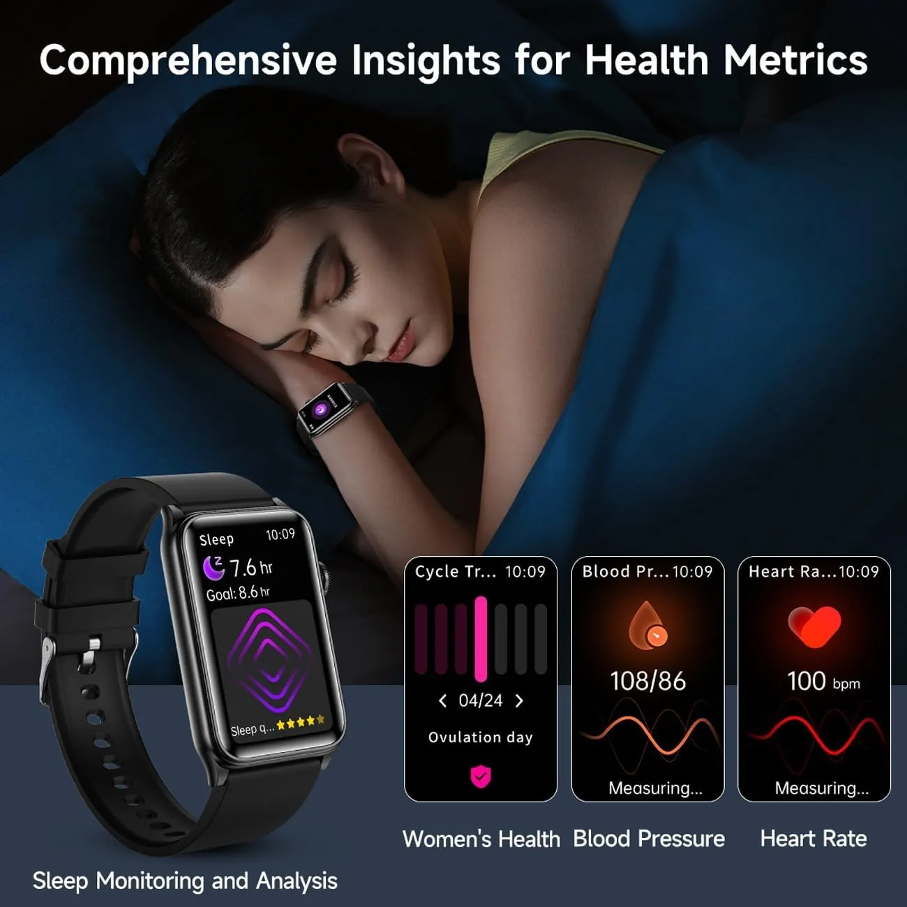 Fitness Tracker Smart Watch with LED Flashlight, 24/7 Stress/SpO2/Heart Rate Monitor, Sleep Tracker 100  Sport Modes Step Calorie Counter Pedometer IP68 Waterproof for Android iOS (Bluetooth, Black)