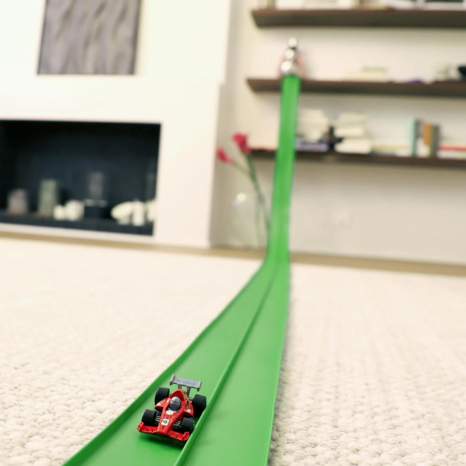 Flex Track 15 Ft Starter Set with Suction Cups Compatible with Hot Wheels and Diecast 1/64th Cars for Ages 3 & Up Green Gray Orange Classic Long Rolls Up Portable Racetrack (Green)