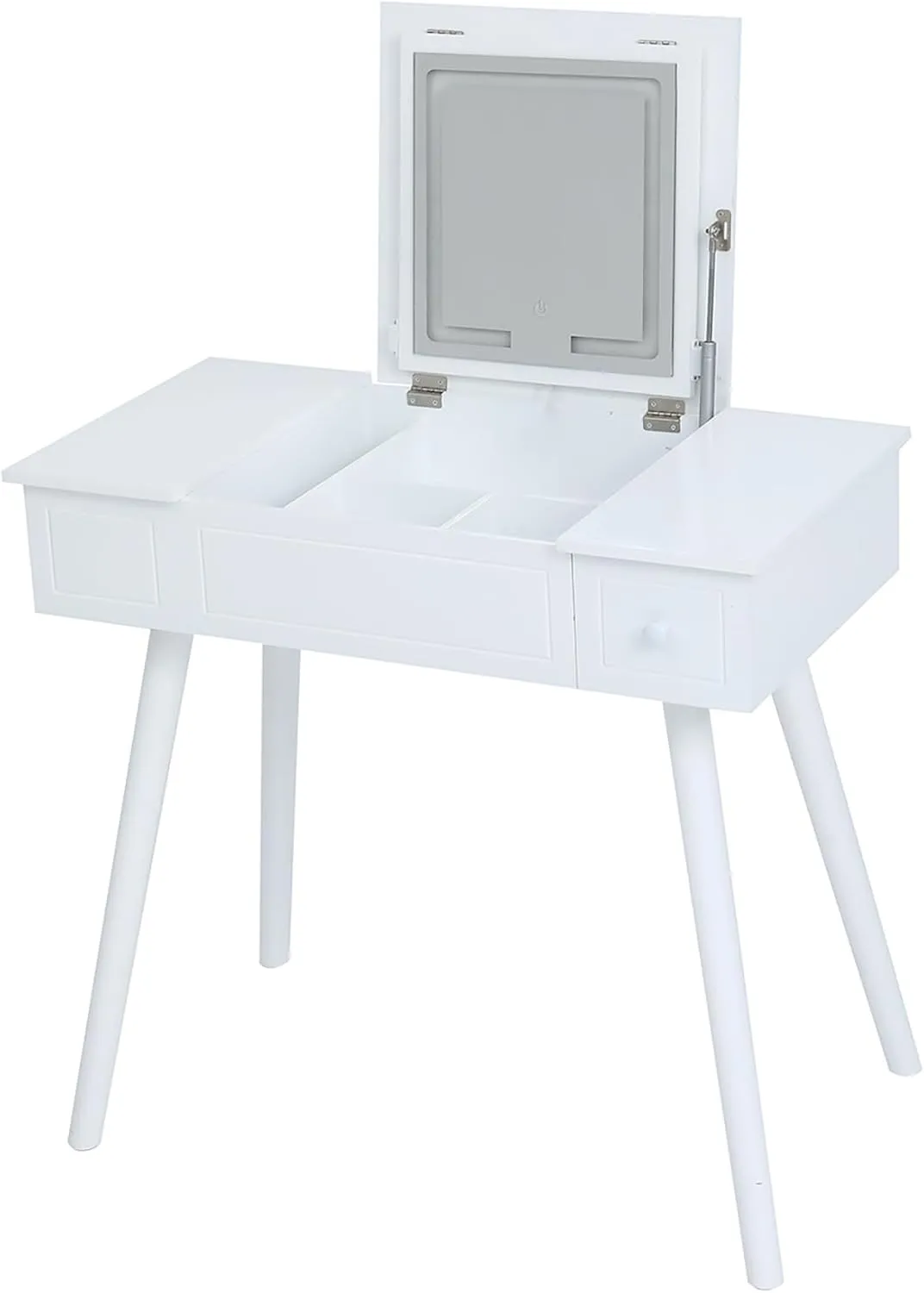 Flip Top Makeup Vanity Desk Set with LED Lighted Mirror and Power Outlet, White