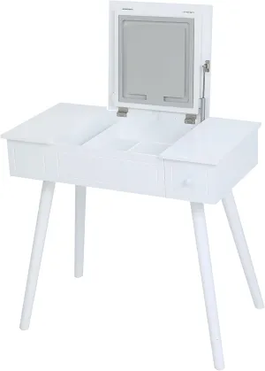 Flip Top Makeup Vanity Desk Set with LED Lighted Mirror and Power Outlet, White