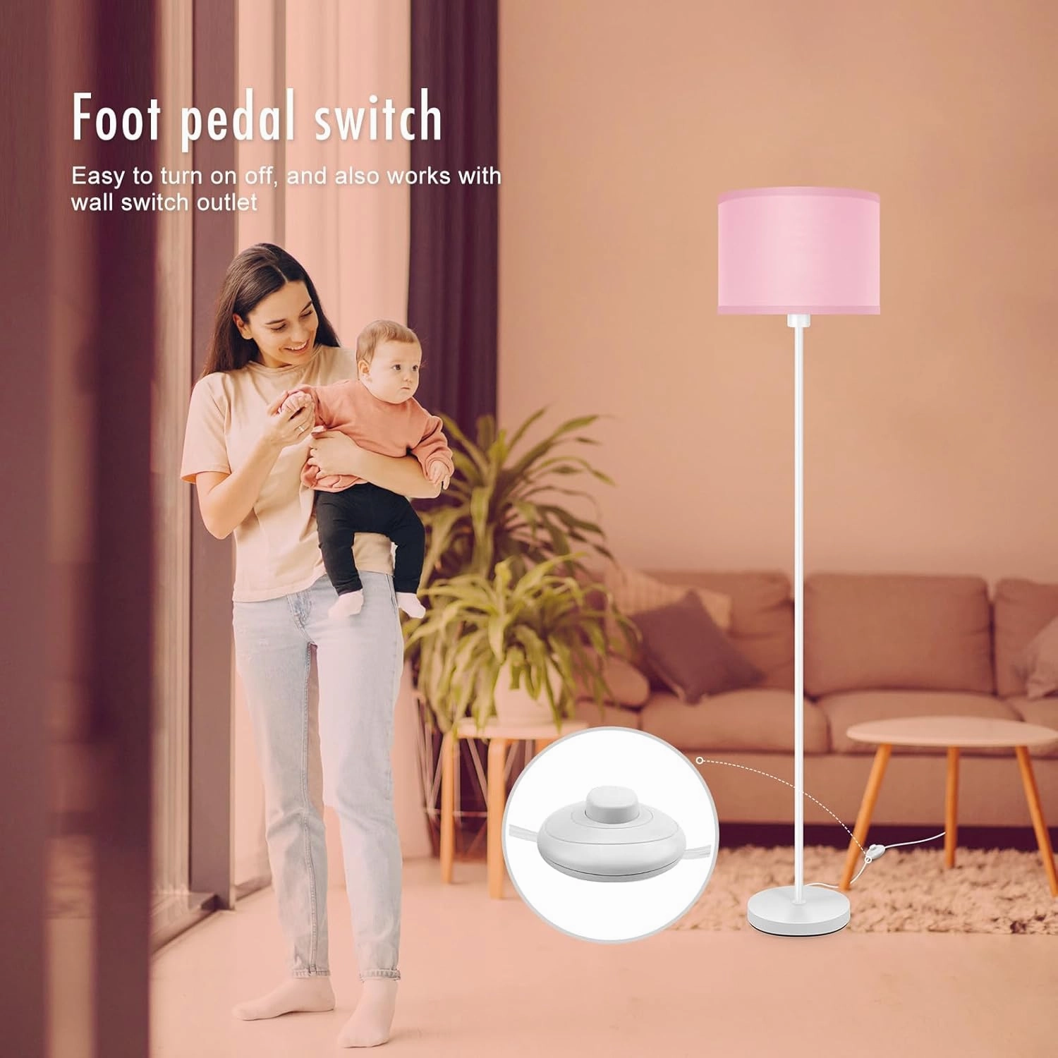 Floor Lamp, Standing Lamp, Short Floor Lamps with Pink Lampshade, 59" Tall Lamps for Bedroom, Foot Switch, Simple Corner Pole Lamp for Kids Room, Girls Room, Living Rooms, Office(NO Bulb, E26 Base)