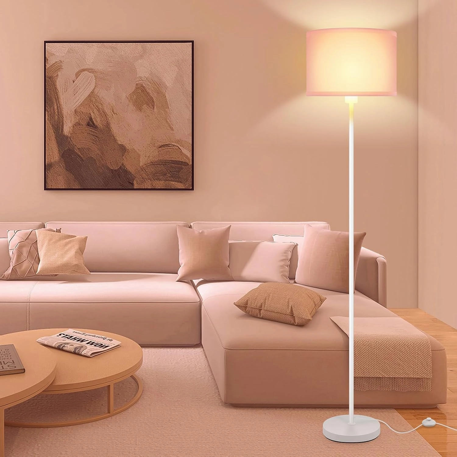 Floor Lamp, Standing Lamp, Short Floor Lamps with Pink Lampshade, 59" Tall Lamps for Bedroom, Foot Switch, Simple Corner Pole Lamp for Kids Room, Girls Room, Living Rooms, Office(NO Bulb, E26 Base)