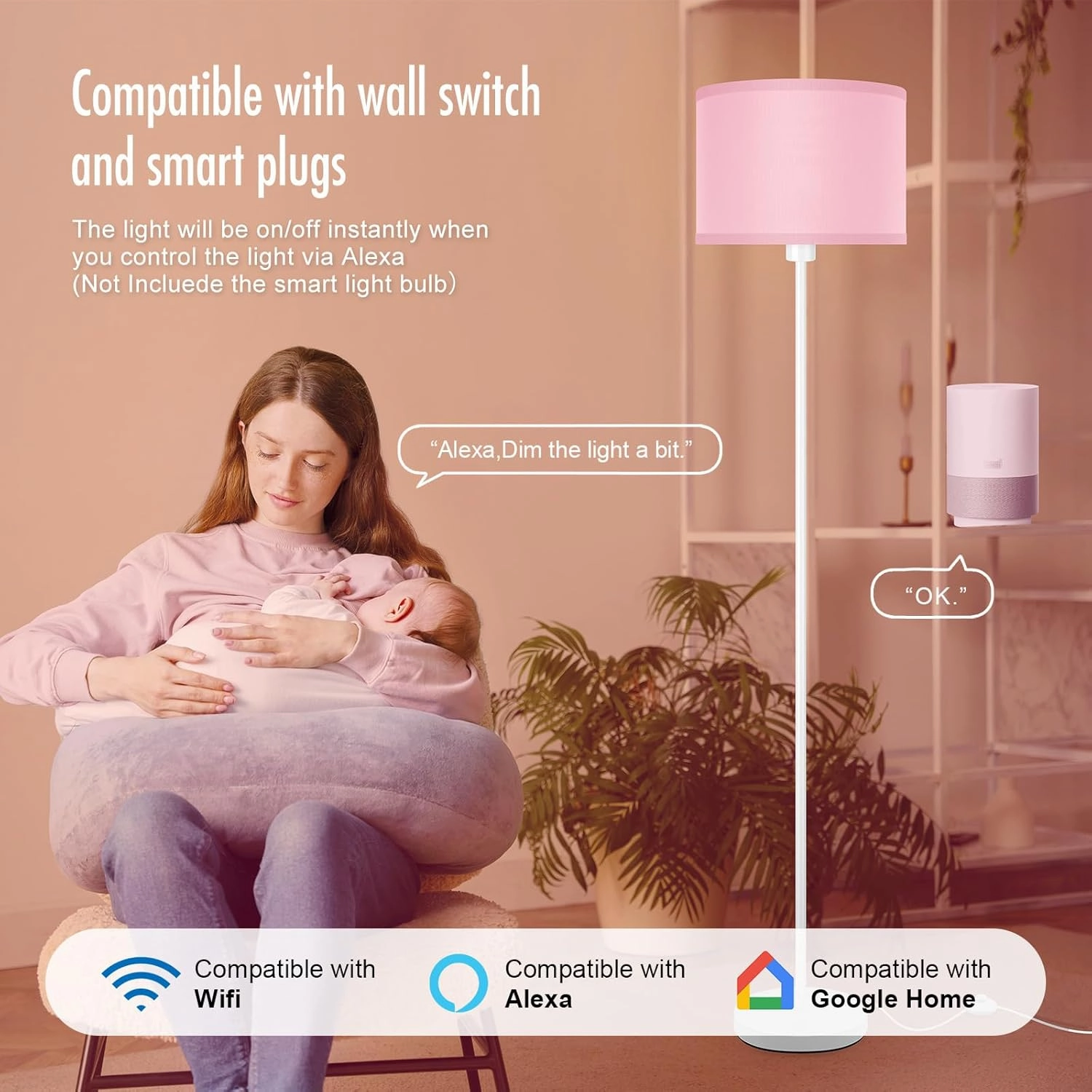Floor Lamp, Standing Lamp, Short Floor Lamps with Pink Lampshade, 59" Tall Lamps for Bedroom, Foot Switch, Simple Corner Pole Lamp for Kids Room, Girls Room, Living Rooms, Office(NO Bulb, E26 Base)