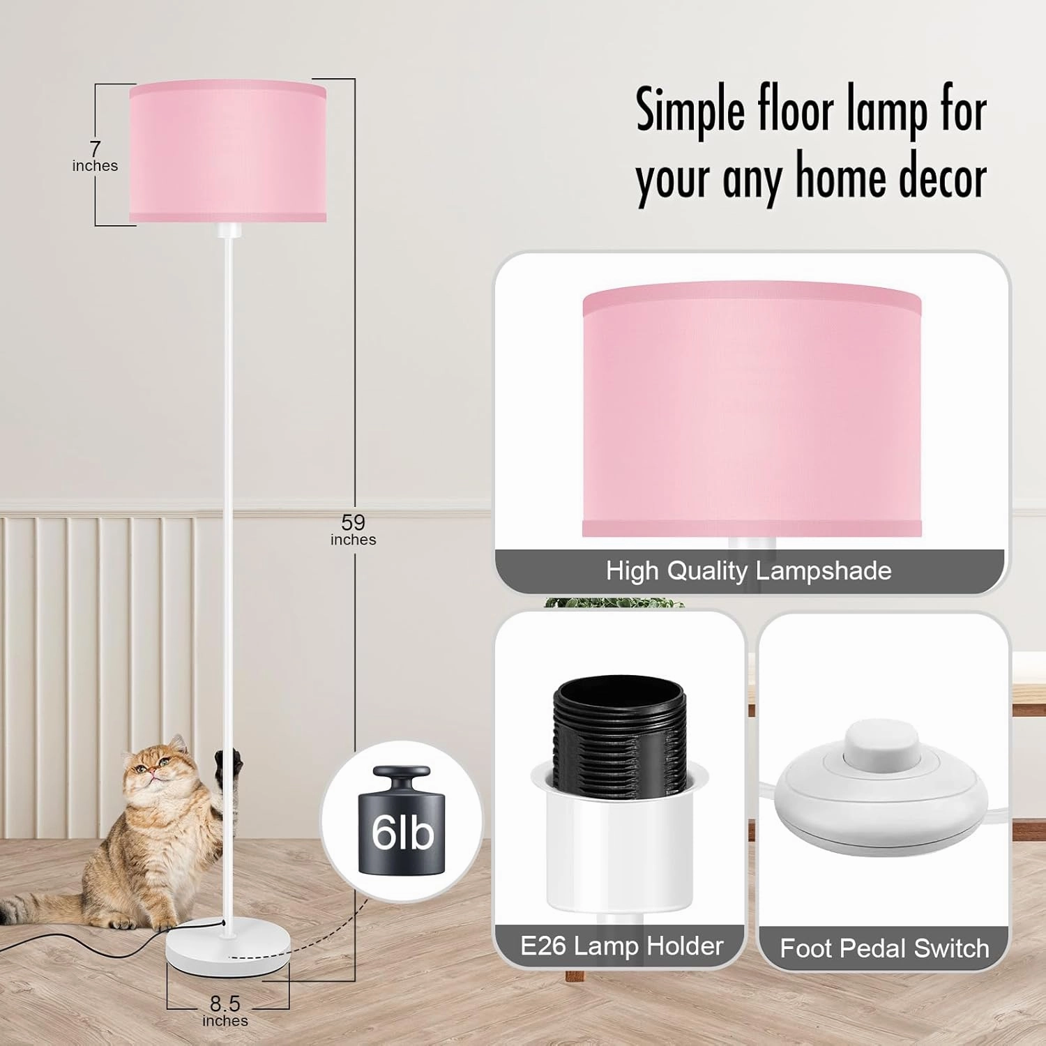 Floor Lamp, Standing Lamp, Short Floor Lamps with Pink Lampshade, 59" Tall Lamps for Bedroom, Foot Switch, Simple Corner Pole Lamp for Kids Room, Girls Room, Living Rooms, Office(NO Bulb, E26 Base)