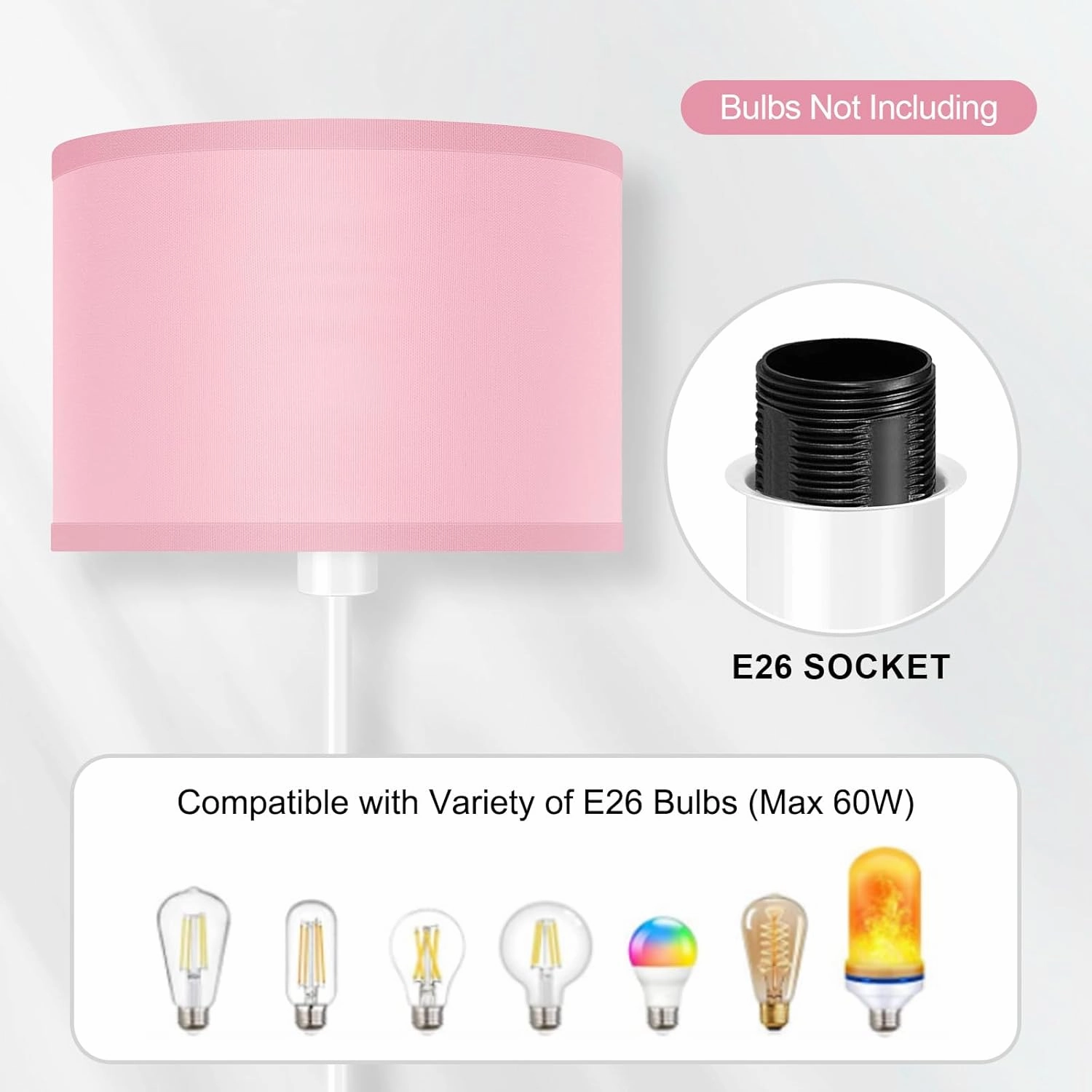 Floor Lamp, Standing Lamp, Short Floor Lamps with Pink Lampshade, 59" Tall Lamps for Bedroom, Foot Switch, Simple Corner Pole Lamp for Kids Room, Girls Room, Living Rooms, Office(NO Bulb, E26 Base)