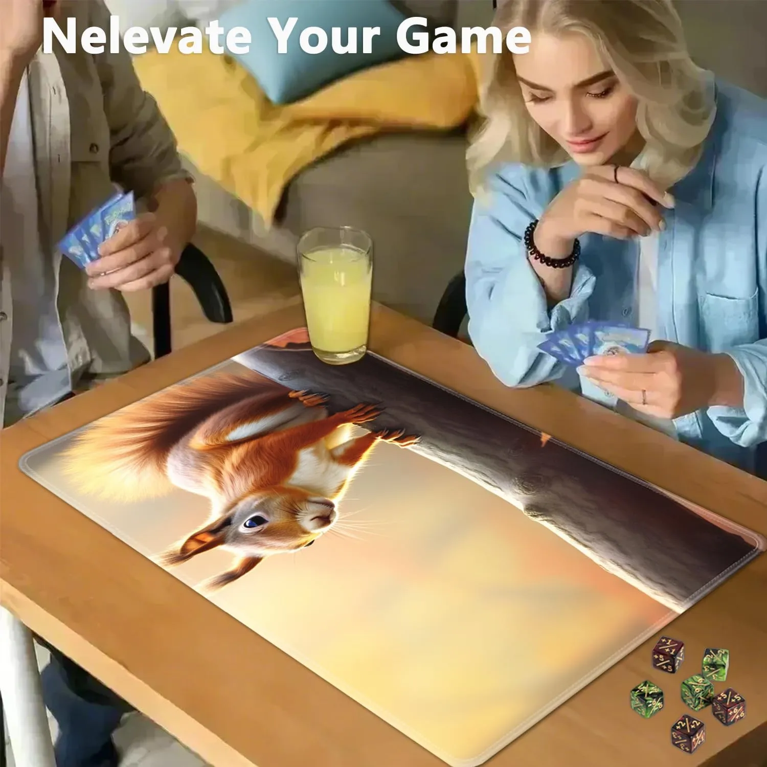 for MTG Playmat   Drawstring Travel Pouch   6 Dice Counter, for Trading Card Game Playmats or Mouse Pad, Anti-Slip Rubber 24 x 14 in, Animals Cute Squirrel for TCG Playmat (No with Zone)