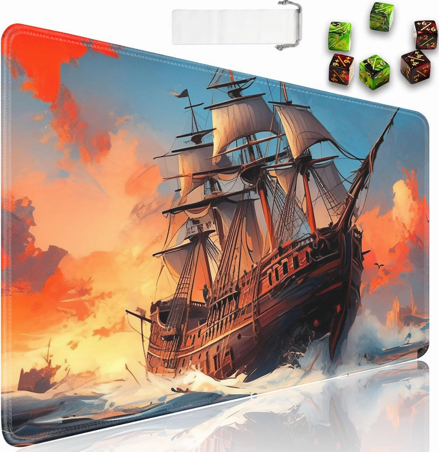 for MTG Playmat   Drawstring Travel Pouch   6 Dice Counter, for Tabletop Trading Card Game Playmats or Large Mouse Pad, Anti-Slip Rubber 24 x 14 in, Pirate Ship Sailing on The Sea for TCG Playmat