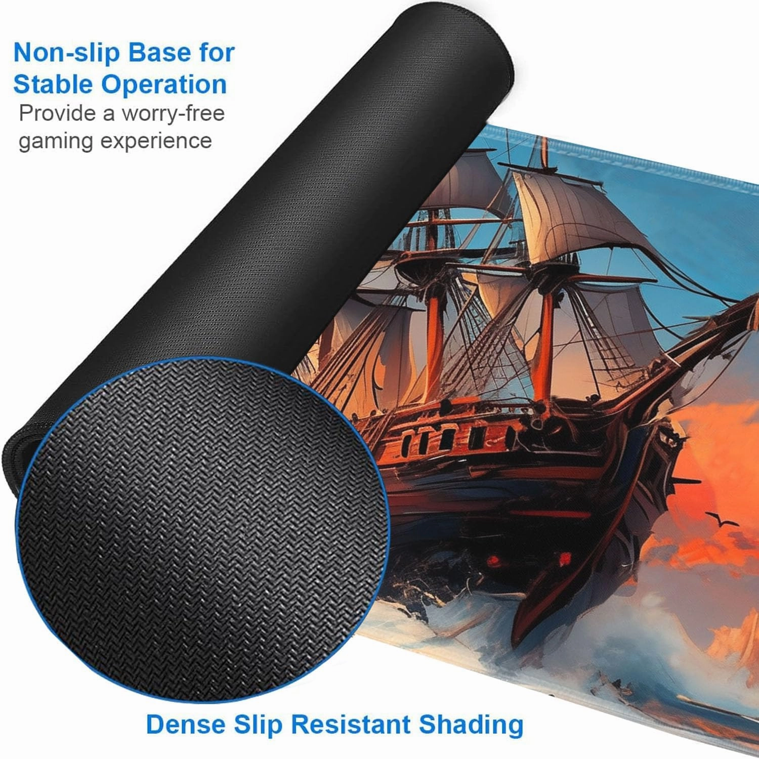 for MTG Playmat   Drawstring Travel Pouch   6 Dice Counter, for Tabletop Trading Card Game Playmats or Large Mouse Pad, Anti-Slip Rubber 24 x 14 in, Pirate Ship Sailing on The Sea for TCG Playmat