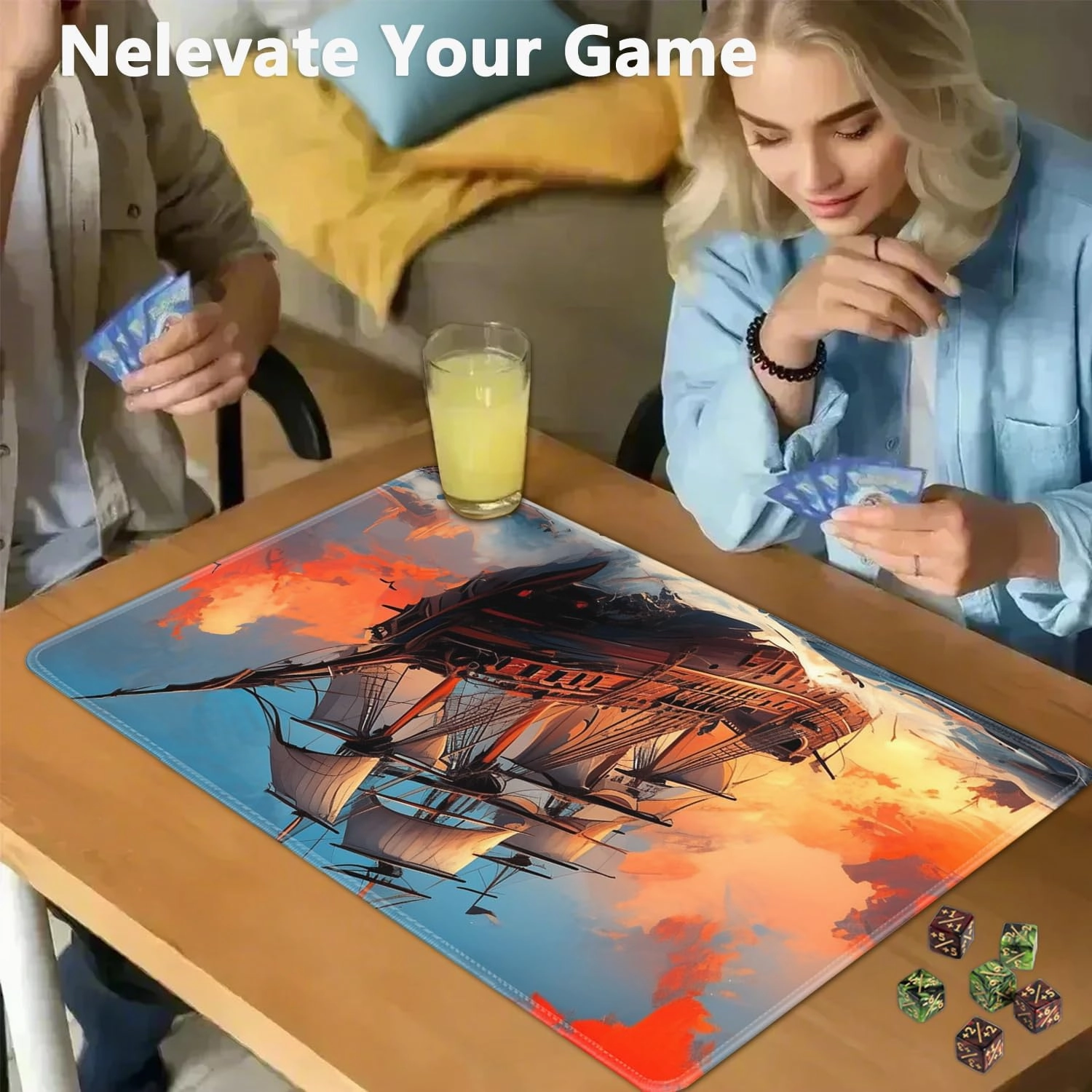 for MTG Playmat   Drawstring Travel Pouch   6 Dice Counter, for Tabletop Trading Card Game Playmats or Large Mouse Pad, Anti-Slip Rubber 24 x 14 in, Pirate Ship Sailing on The Sea for TCG Playmat