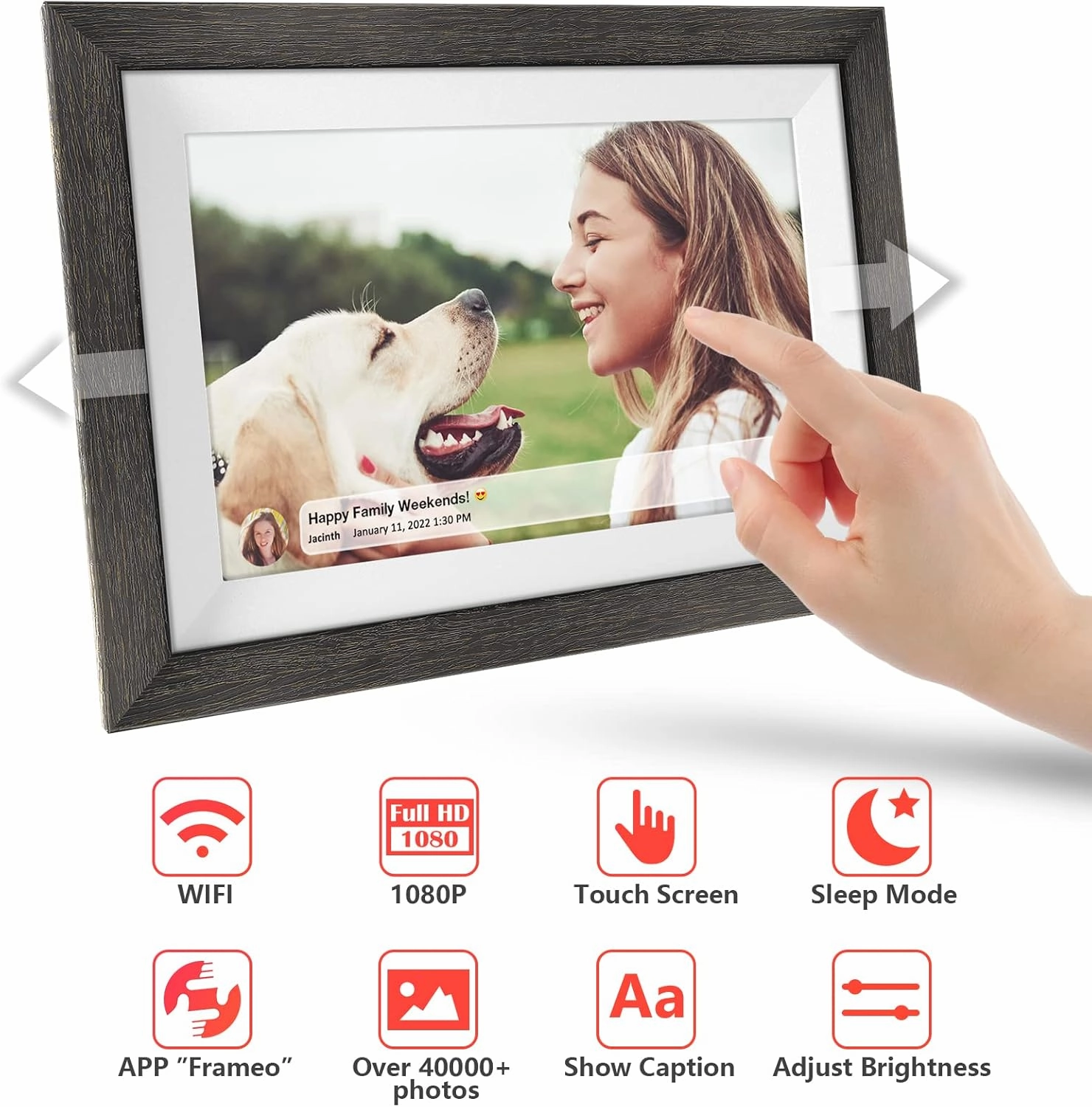 Frameo 10.1 Inch WiFi Digital Picture Frame，1280 * 800IPS HD Cloud Smart Digital Photo Frame,32GB Storage, Wall Mountable, Auto-Rotate,Easy to Share Photos or Videos via FRAMEO APP （Wood Frame）