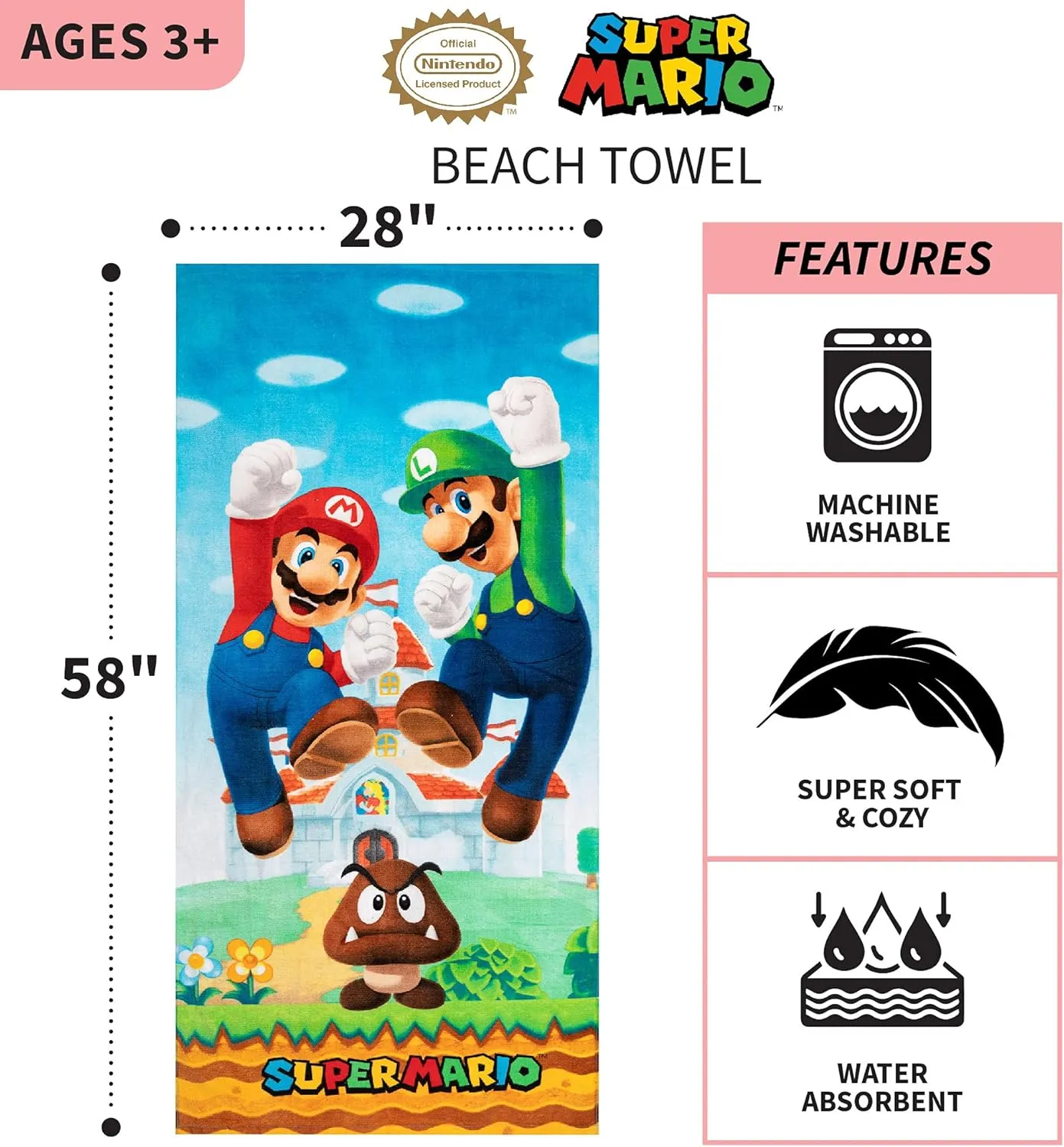 Franco Super Mario "Official Nintendo" Kids Super Soft Cotton Bath/Pool/Beach Towel, 58 in x 28 in