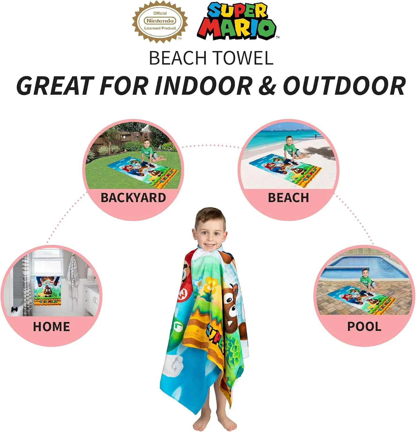 Franco Super Mario "Official Nintendo" Kids Super Soft Cotton Bath/Pool/Beach Towel, 58 in x 28 in