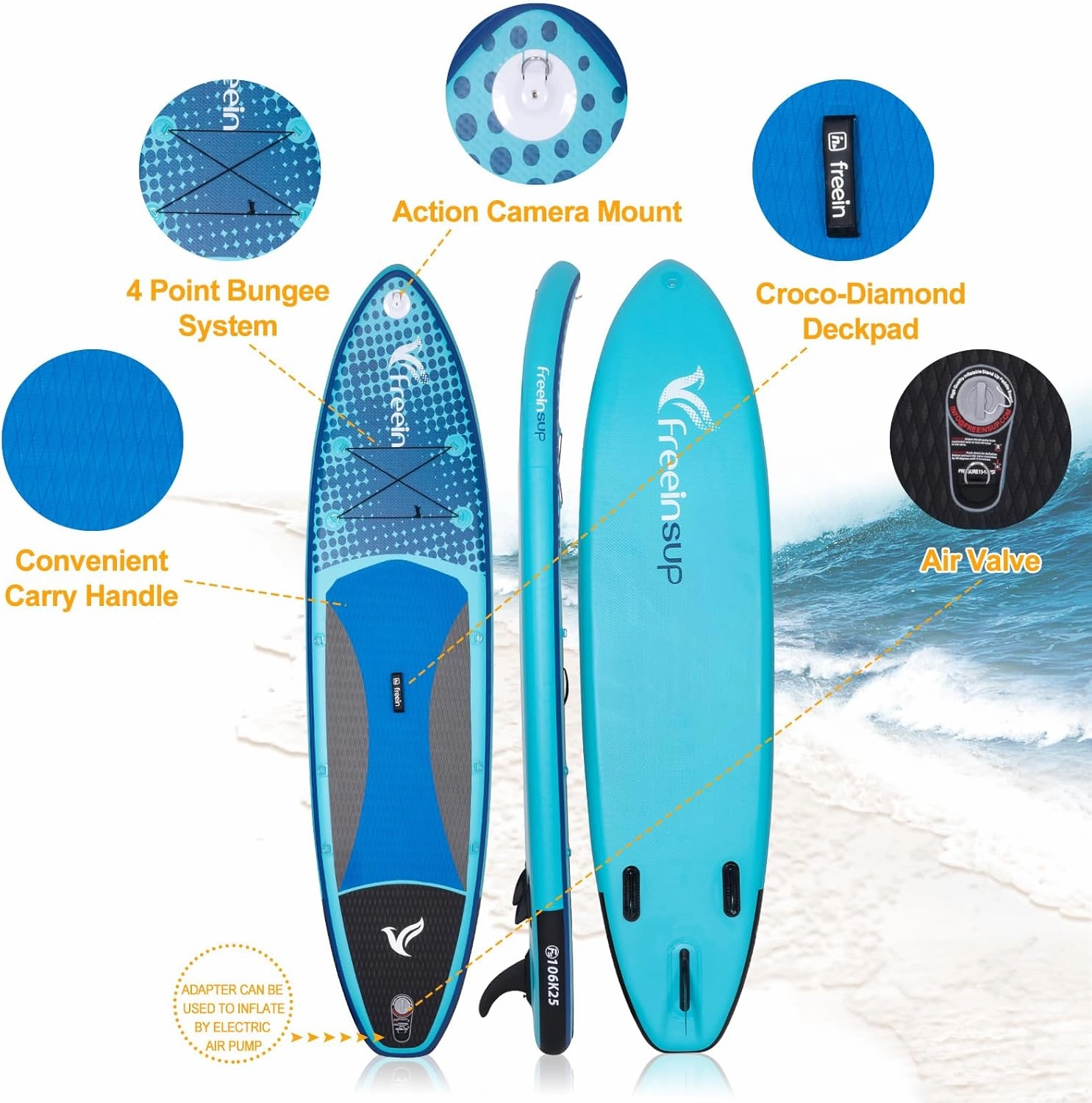Freein Inflatable Paddle Board 10'6"/11',Capacity 2-in-1 SUP/Kayak with Adjustable Seat,Electric Pump Adapter,Non-Slip Diamond Deck & Travel Backpack,for Adults/Fishing/Yoga