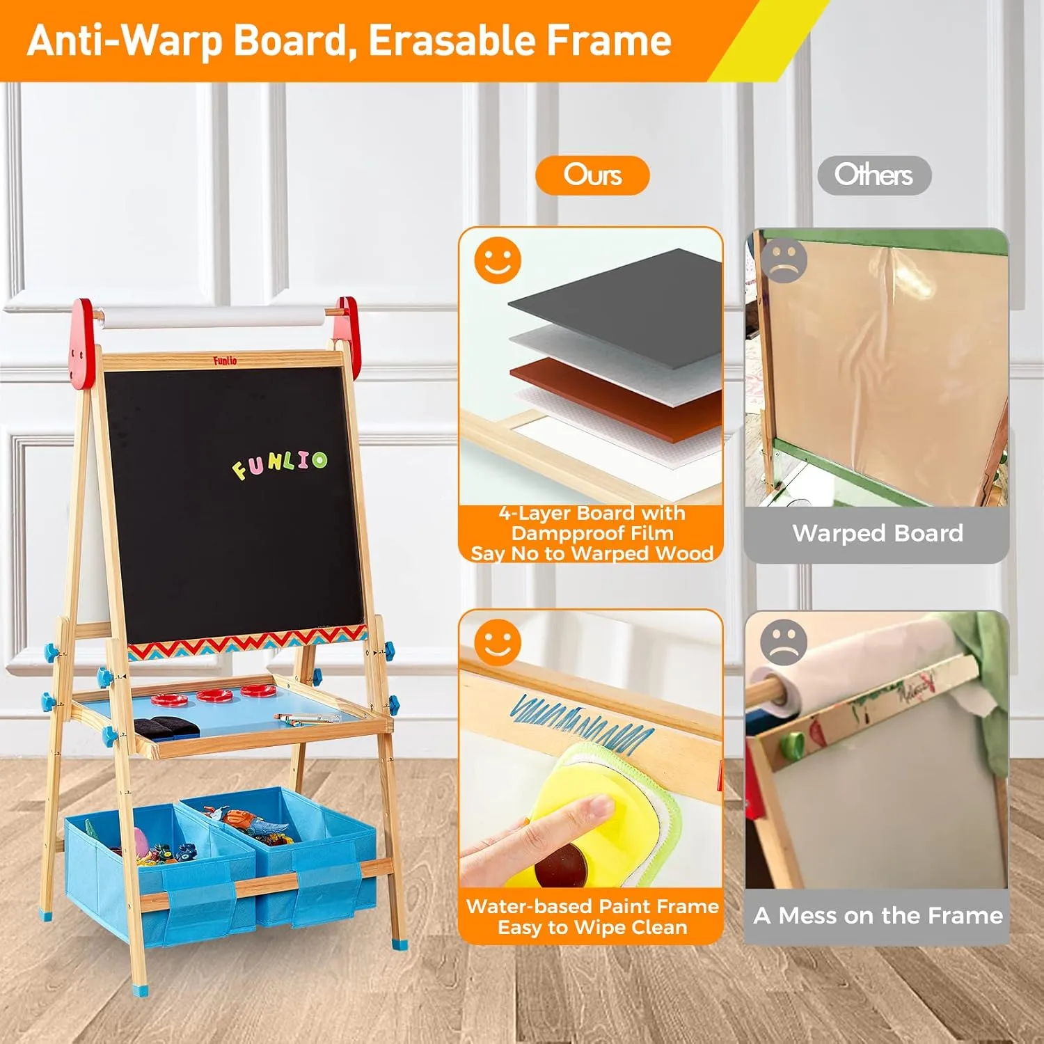 FUNLIO Anti-Warping Kids Art Easel, 3 Height Adjustable for Kids Aged 2-8, All-in-One Toddler Easel with Paper Roll & Erasable Frame, Standing Easel with Magnetic Chalkboard/Whiteboard (Blue)